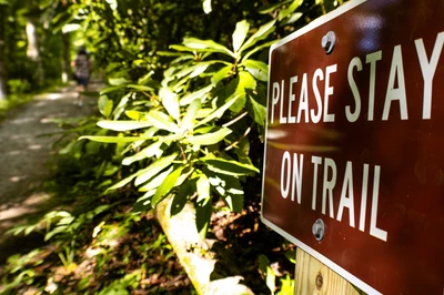 "please stay on trail" sign