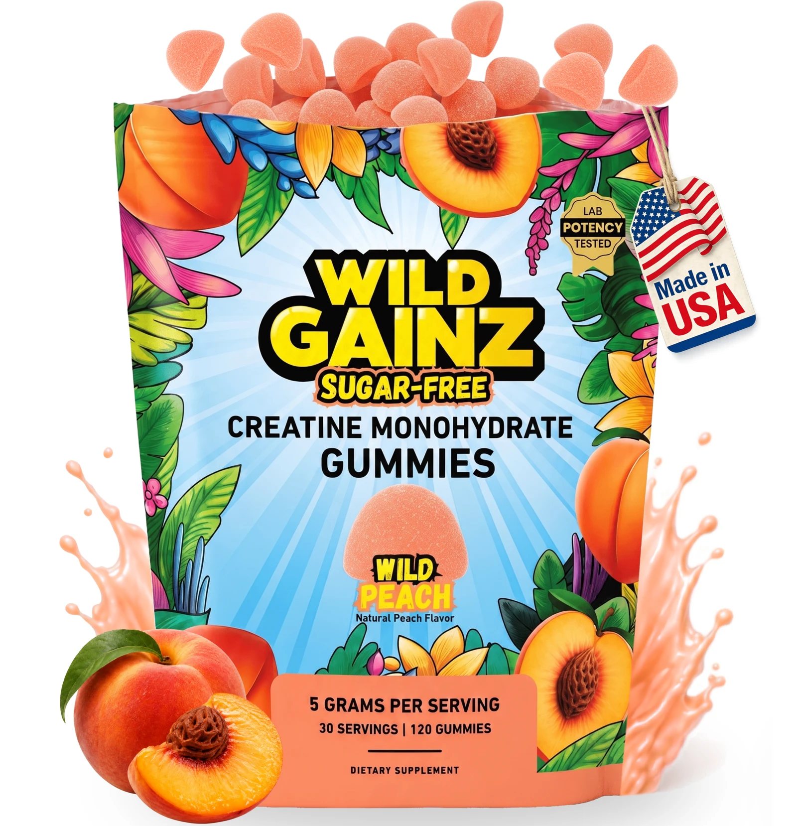 Wild Gainz Creatine Gummies Peach Flavor Sugar Free